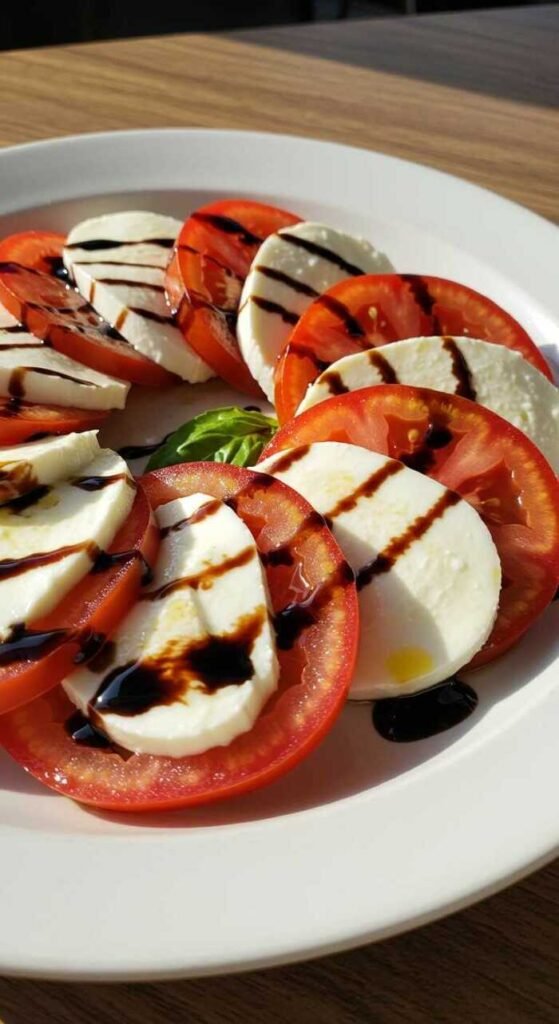 A plate of Caprese salad featuring sliced tomatoes and mozzarella drizzled with balsamic glaze.