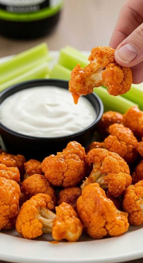 A plate of Cauliflower Buffalo Wings with ranch dressing, celery sticks and sauce
