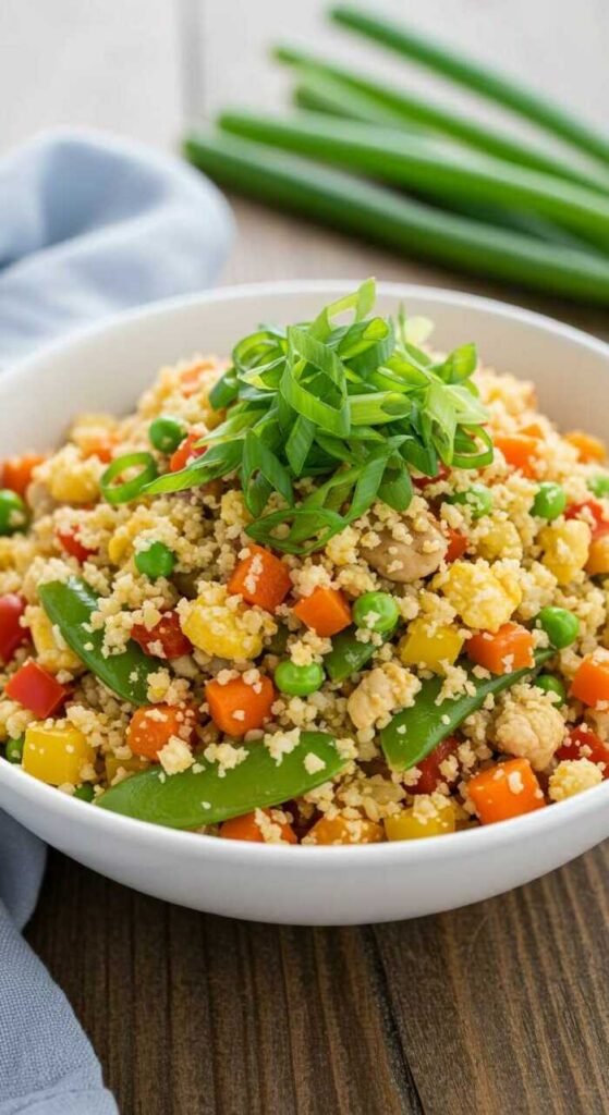 A bowl of cauliflower fried rice with vegetables garnished with green onions.