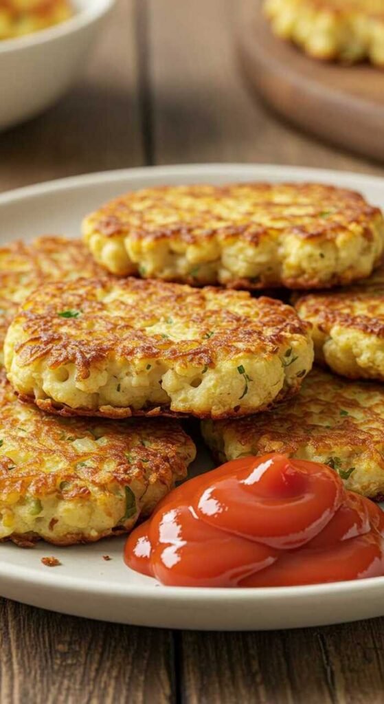 Plate of golden-brown cauliflower hash browns with ketchup