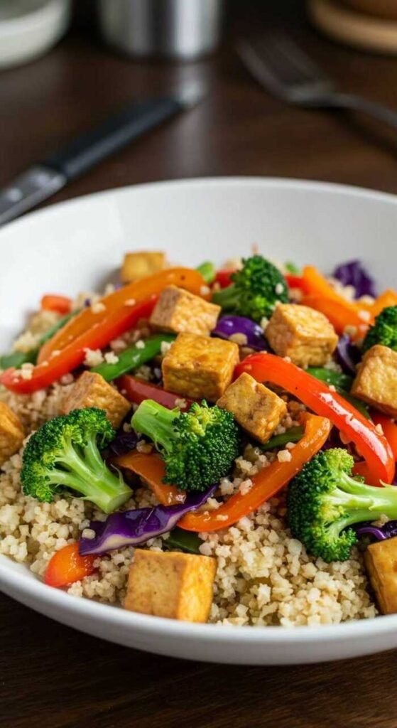 A colorful stir-fry featuring cauliflower rice, tofu, and assorted vegetables.