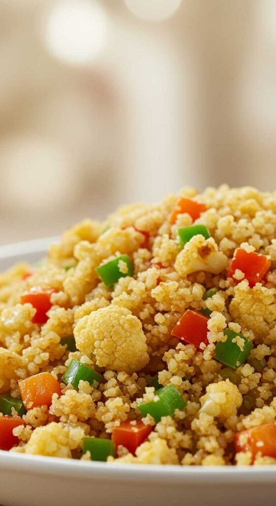 A bowl of cauliflower fried rice with vegetables garnished with green onions.