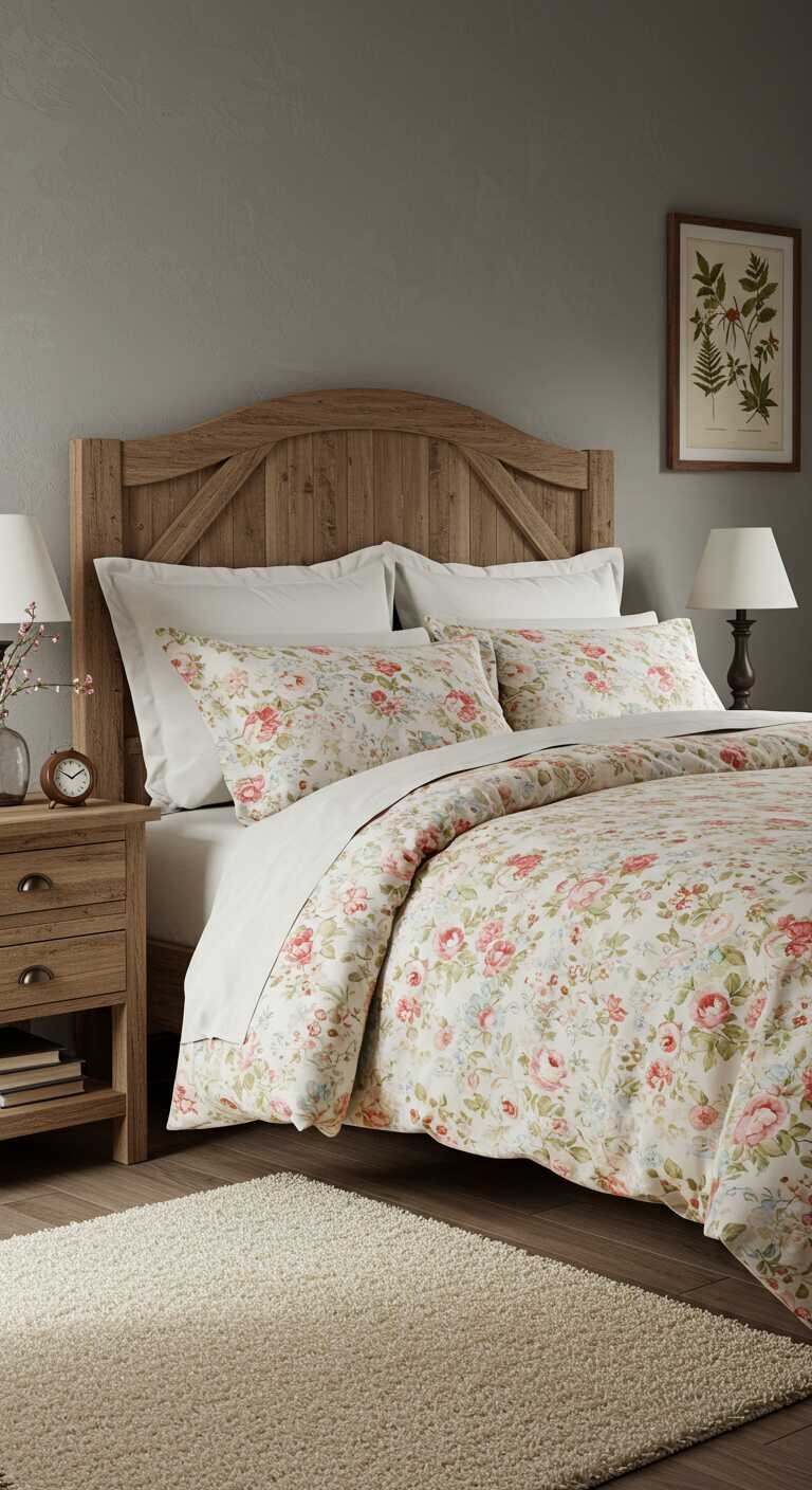 Cozy rustic bedroom with floral bedding and wooden furniture.