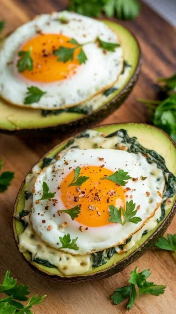 Cheese and spinach stuffed avocado topped with an egg and garnished with fresh herbs.