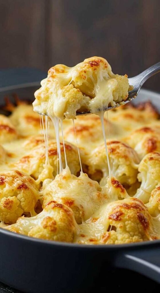 A beautifully presented dish of cheesy cauliflower bake, showcasing golden-brown cauliflower florets topped with melted cheese.