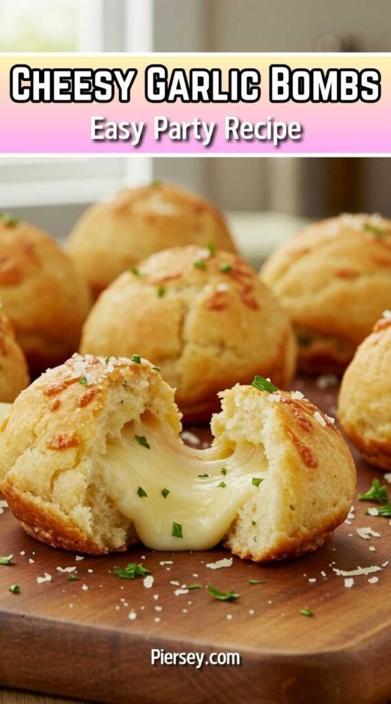 Close-up of a cheesy garlic bomb with melted cheese oozing out, garnished with herbs on a wooden board. Text reads "Cheesy Garlic Bombs, Easy Party Recipe."