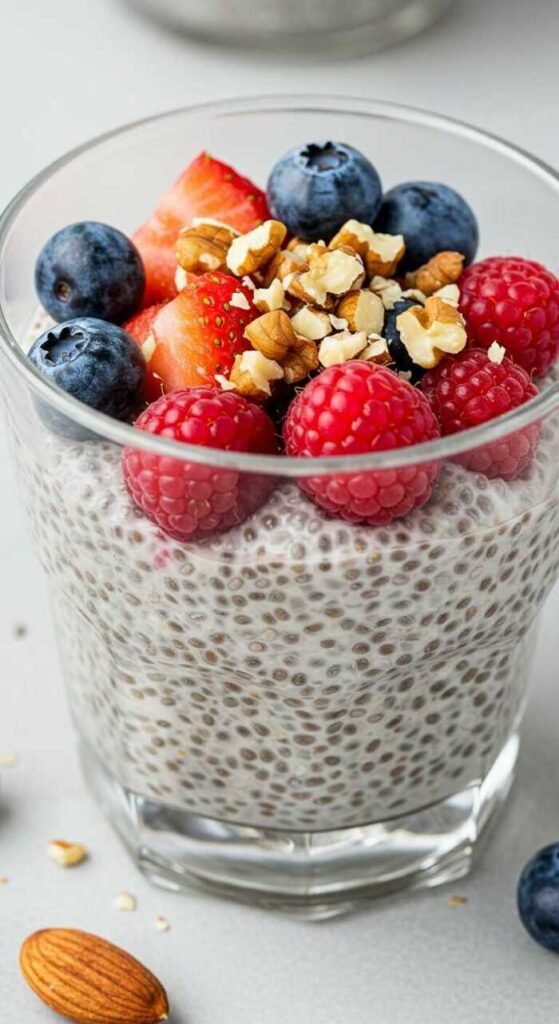 Chia seed pudding topped with fresh berries and nuts in a glass