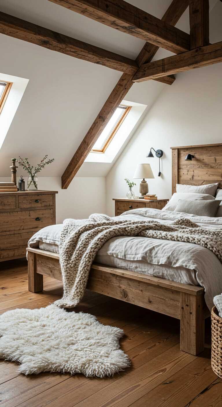 Rustic bedroom with wooden furniture and cozy decor