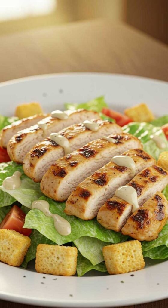 A plate of Chicken Caesar Salad with grilled chicken, lettuce, tomatoes, croutons, and Caesar dressing.