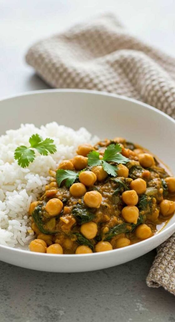 A bowl of chickpea and spinach curry with rice, garnished with cilantro.