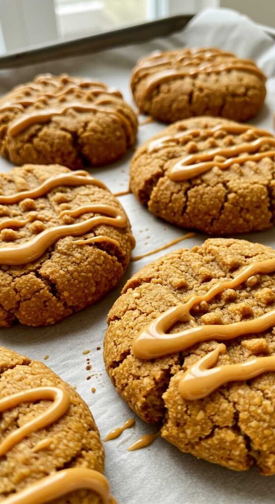 Close-up of golden-brown cookies on parchment paper, drizzled with caramel. The warm tones convey a cozy, inviting atmosphere.