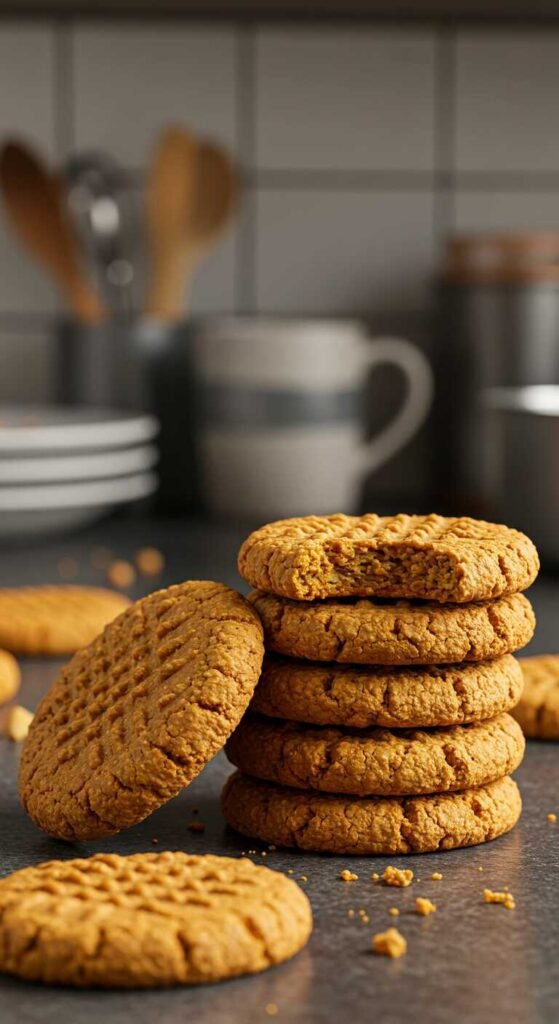 A stack of golden brown peanut butter cookies, with one partially eaten, sits on a kitchen counter. Plates and a cup blur in the background. Cozy ambiance.