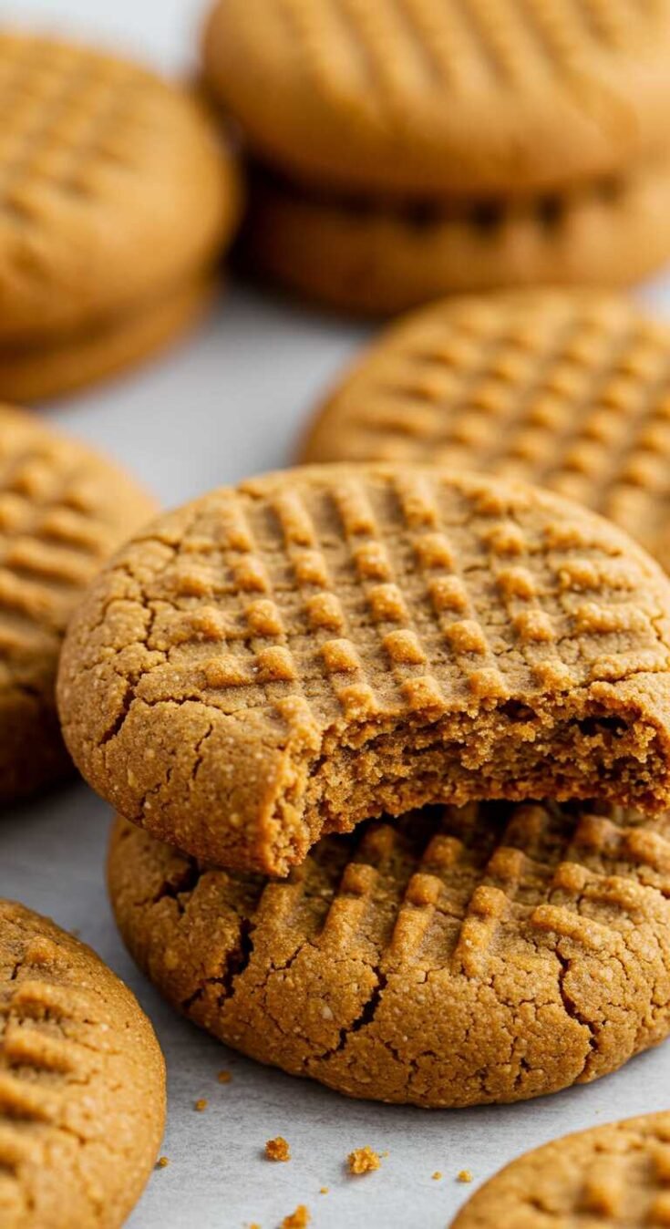 Close-up of a stack of chickpea peanut butter cookies, with one cookie partially eaten. The cookies have a crisscross fork pattern and a golden-brown color.