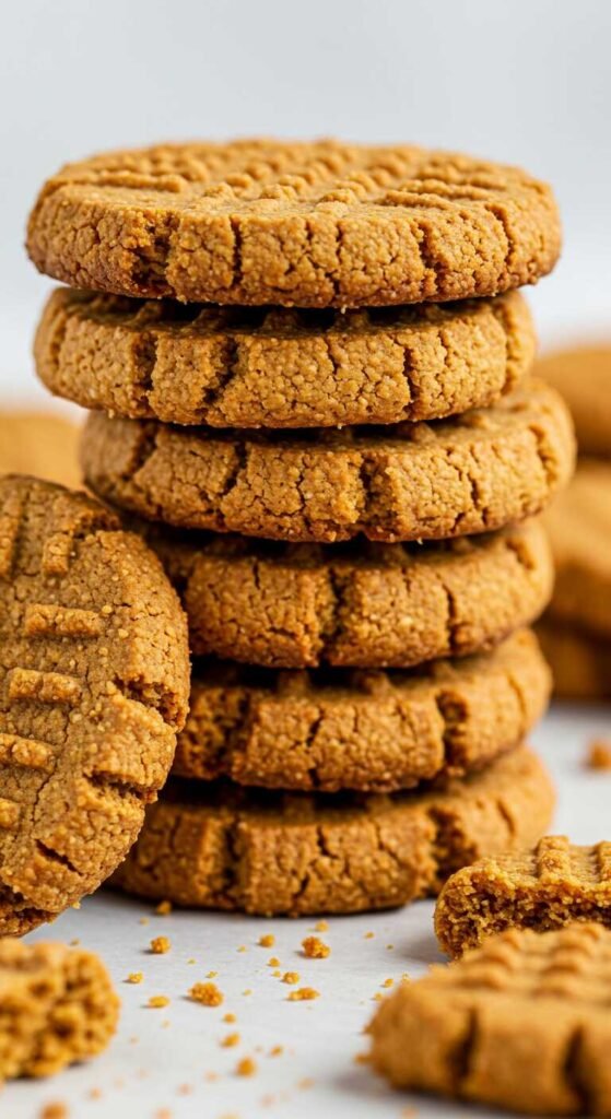 Stack of homemade peanut butter cookies with a crisscross pattern, surrounded by crumbs on a light background. The image conveys warmth and coziness.