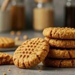 A stack of golden-brown peanut butter cookies on a gray surface, with a few more cookies in the background and jars of ingredients softly blurred behind.