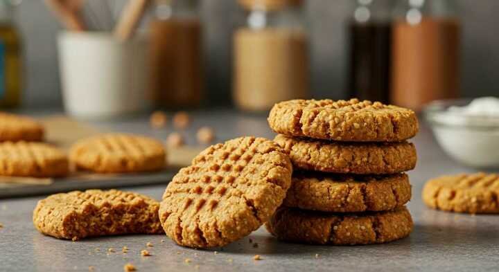 A stack of golden-brown peanut butter cookies on a gray surface, with a few more cookies in the background and jars of ingredients softly blurred behind.