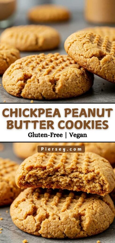 Close-up of chickpea peanut butter cookies with a fork pattern, showcasing a soft texture. Text overlay reads "Chickpea Peanut Butter Cookies, Gluten-Free, Vegan."