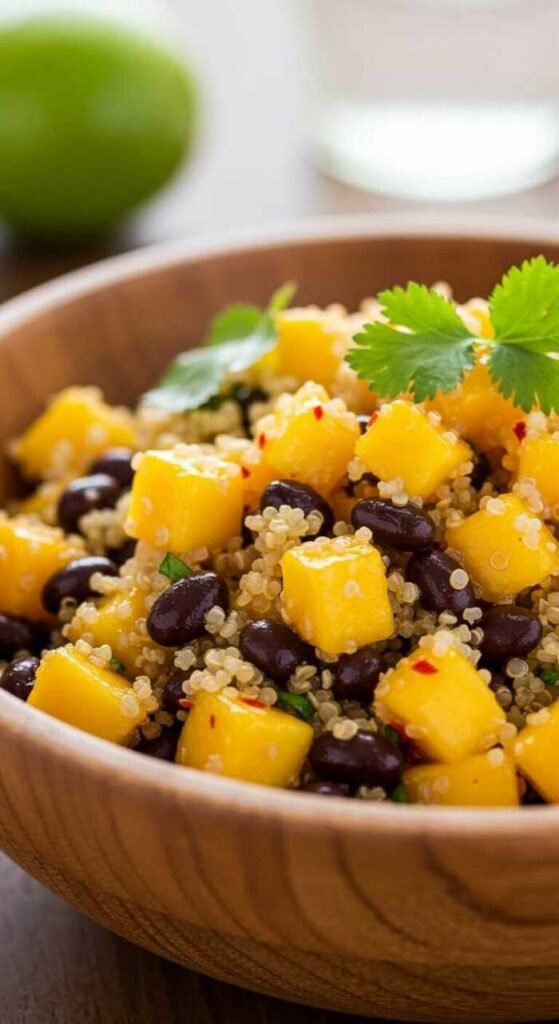 A vibrant bowl of Chili Lime Mango Quinoa Salad with diced mango, black beans, and fresh cilantro.