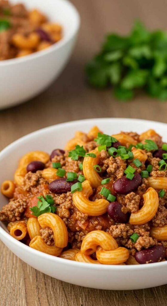 A bowl of chili mac with ground beef and pasta, garnished with fresh herbs.