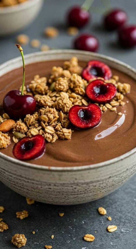Chocolate cherry smoothie bowl topped with granola and fresh cherries