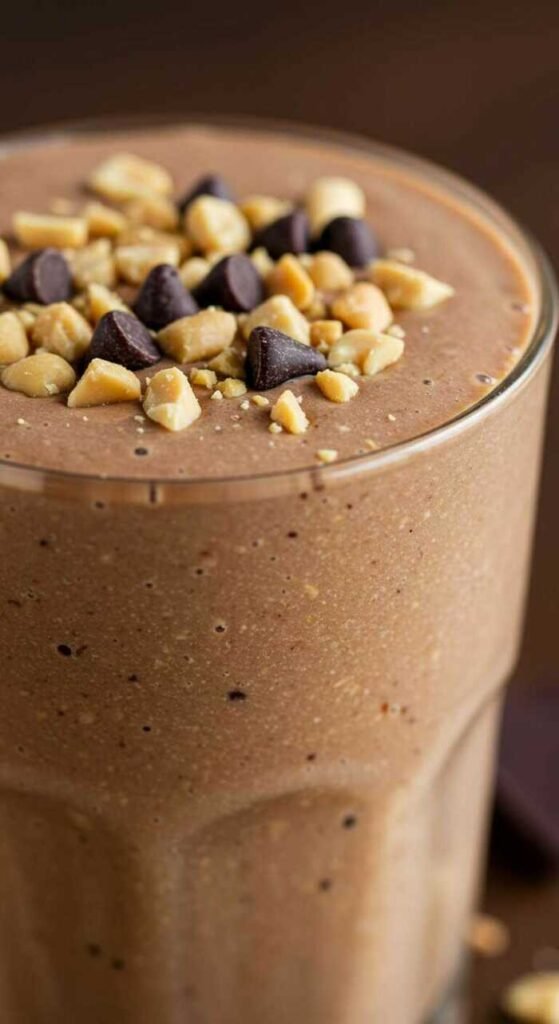 A delicious Chocolate Peanut Butter smoothie garnished with chocolate chips and peanuts