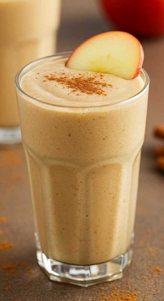A creamy Cinnamon Apple Smoothie topped with cinnamon and a slice of apple.