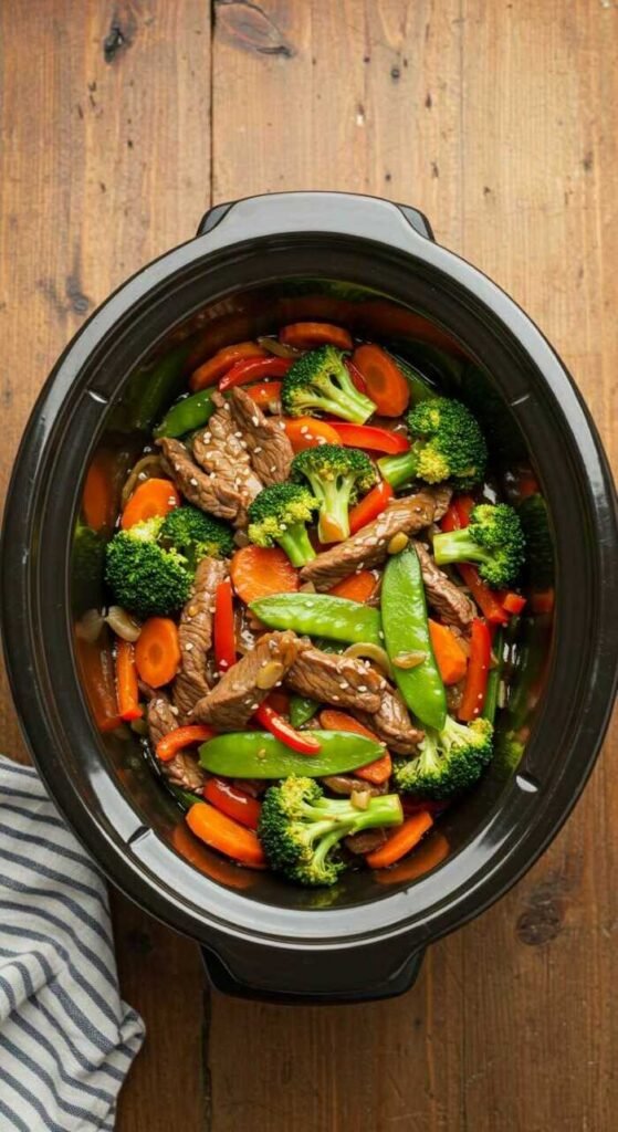 A delicious slow cooker beef and broccoli stir-fry with colorful vegetables.