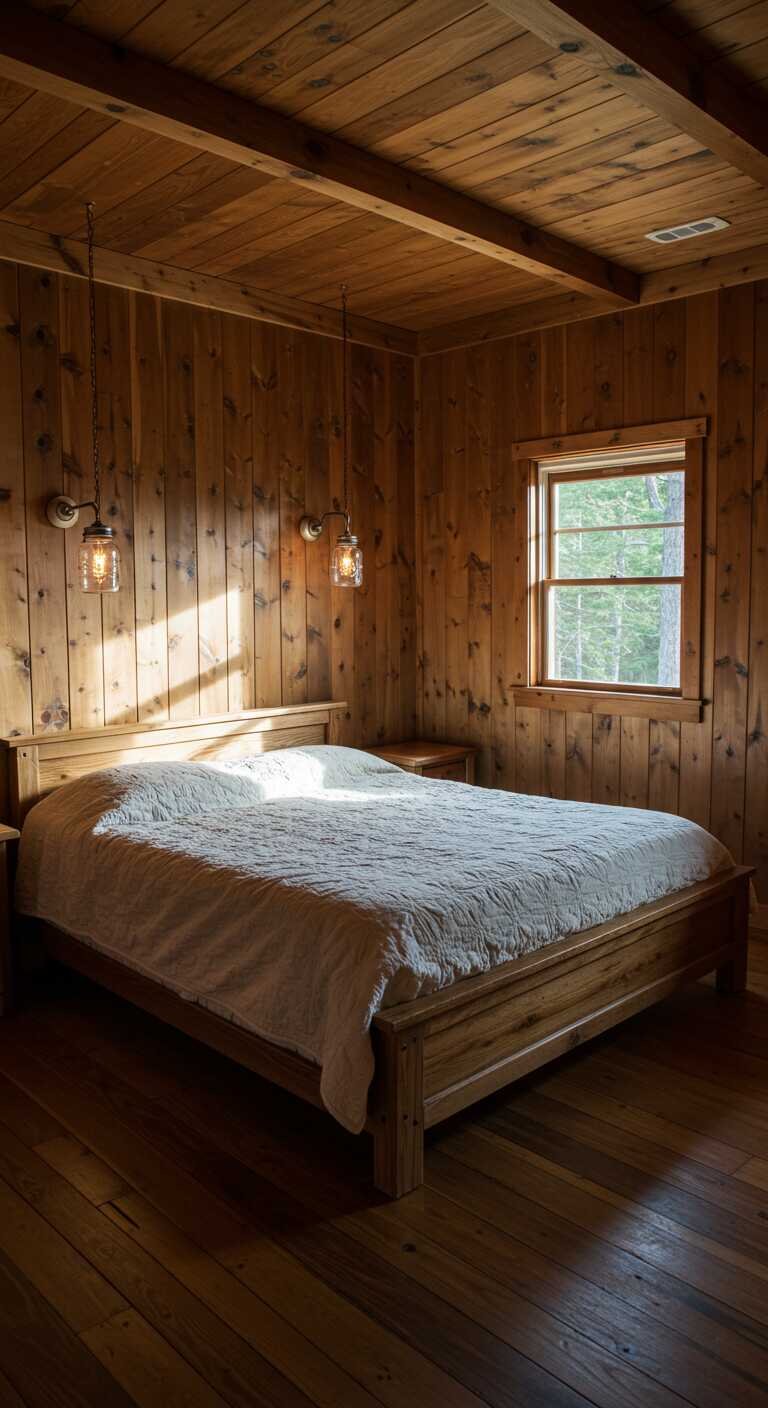 A rustic bedroom featuring warm wooden tones and hanging mason jar lights.