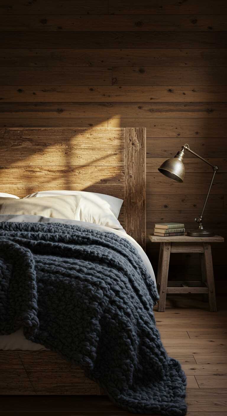 A cozy rustic bedroom featuring a wool blanket draped over a bed with wooden elements and warm tones.