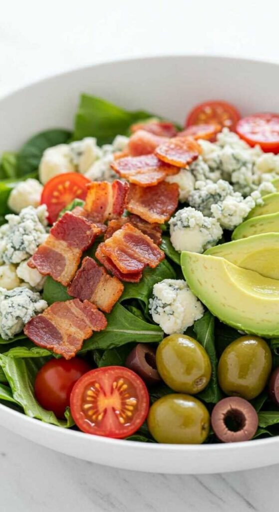 A colorful Cobb salad featuring greens, bacon, blue cheese, cherry tomatoes, avocado, and olives in a bowl.