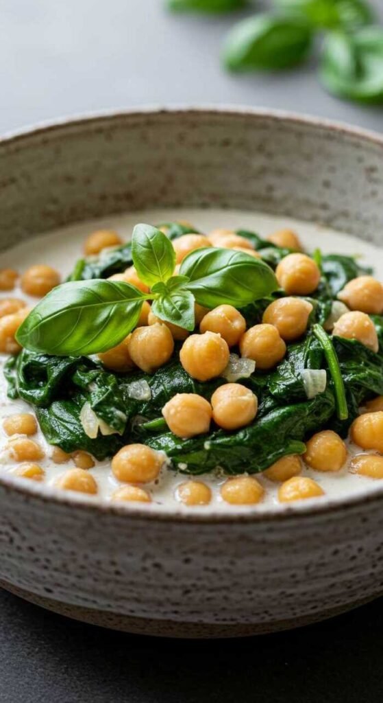 A bowl of Coconut Chickpea and Spinach Stew with chickpeas, spinach, and coconut milk.