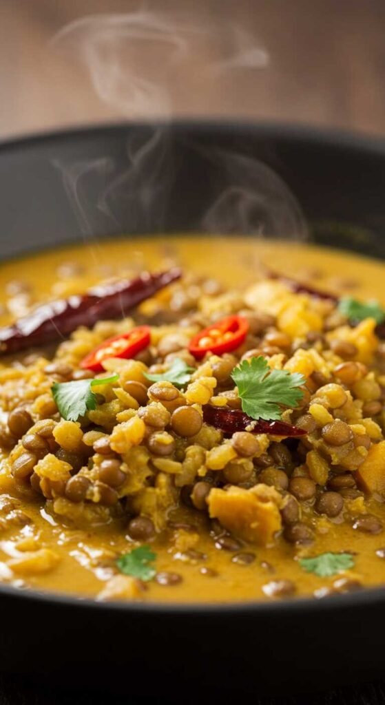 Bowl of coconut curry lentils served with rice and garnished with cilantro.
