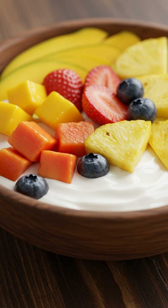 A bowl of coconut yogurt topped with tropical fruits