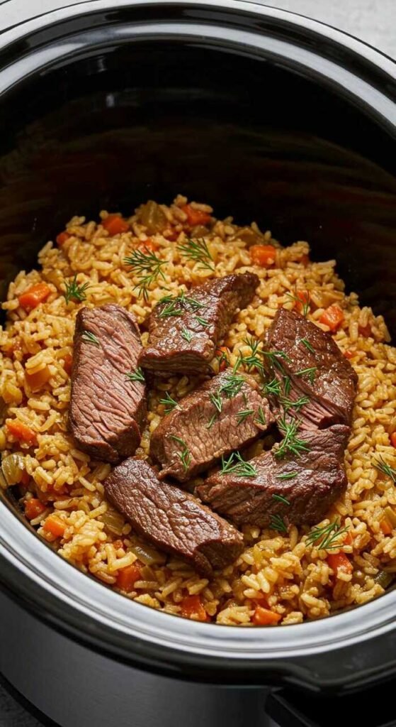 A bowl of beef and rice pilaf made in a slow cooker.