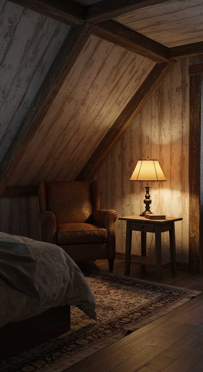 A cozy rustic bedroom featuring a comfortable reading nook with a chair, side table, and warm lighting.