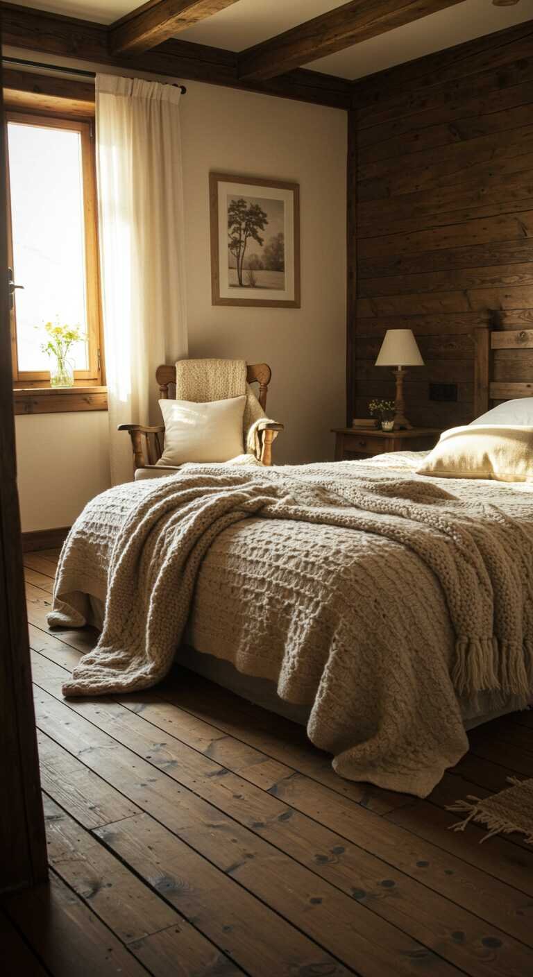 A cozy rustic bedroom with textured throws on a bed and chair, featuring wooden accents and soft colors.