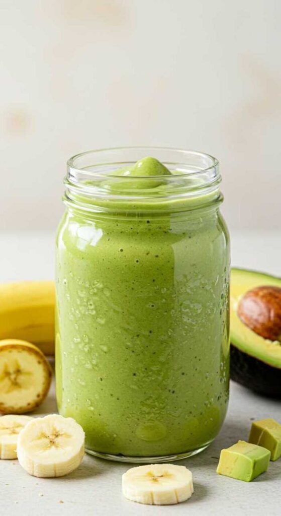 A creamy avocado banana smoothie in a glass jar with slices of banana and avocado around it.