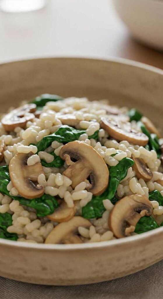 Creamy mushroom and spinach risotto served in a bowl with mushrooms and spinach visible.