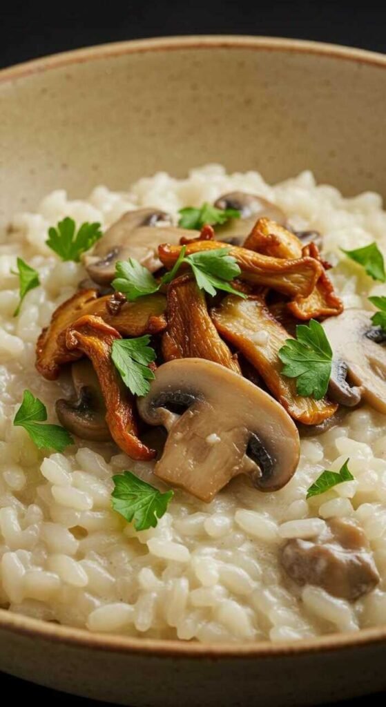 A bowl of creamy mushroom risotto topped with sautéed mushrooms and fresh parsley.