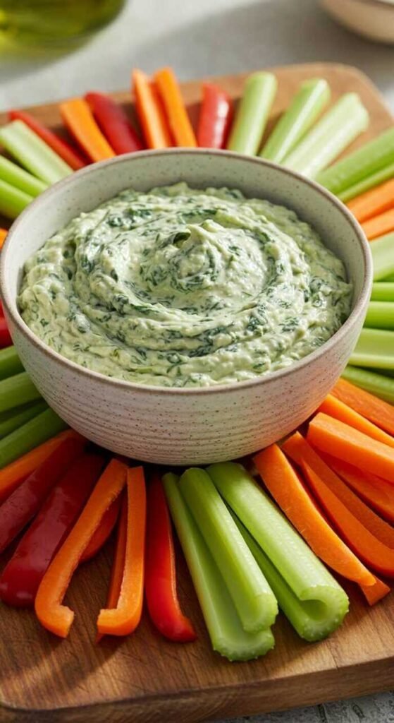 Creamy spinach and artichoke dip served with fresh vegetable sticks.