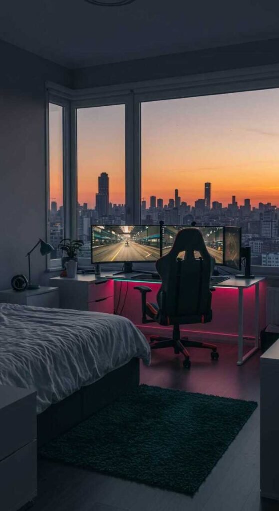 A cozy gaming bedroom featuring a comfortable chair, soft rug, and two monitors, with a view of a city skyline at sunset.
