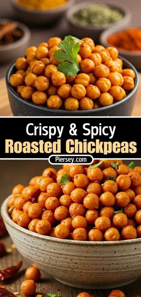 Close-up of a bowl filled with spicy roasted chickpeas, garnished with cilantro. Text reads “Roasted Chickpeas: The Perfect Spicy Vegan Party Snack.”