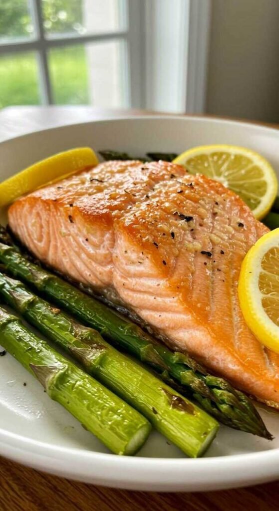 Crispy baked salmon with asparagus and lemon slices