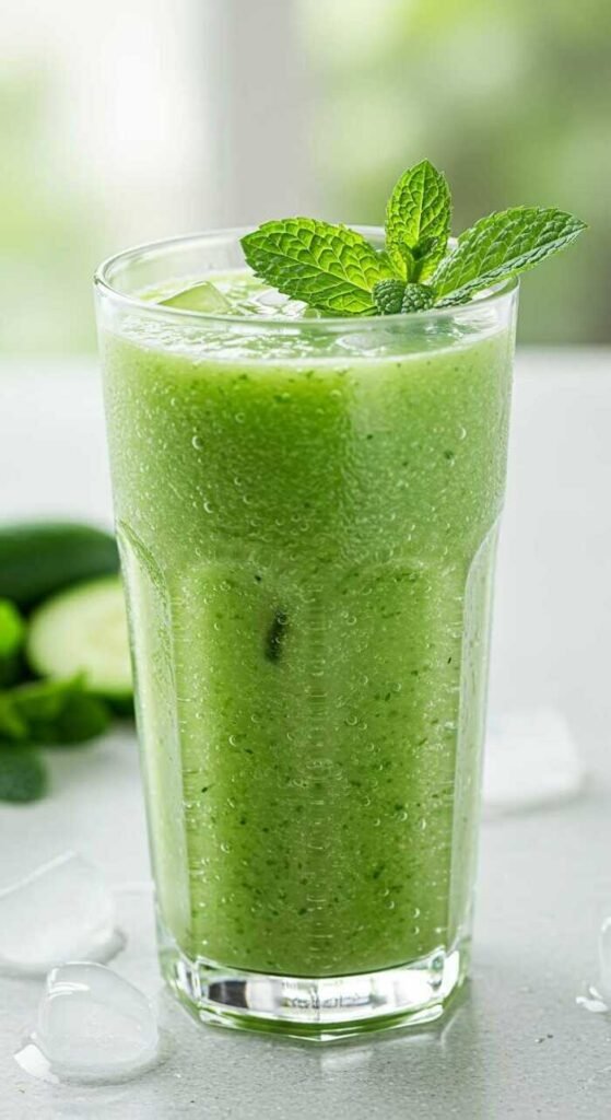 A refreshing cucumber mint detox smoothie in a tall glass, garnished with mint leaves.