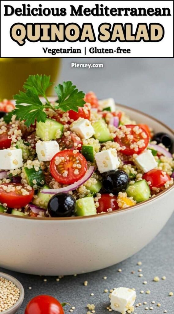 Bowl of Mediterranean quinoa salad with cherry tomatoes, cucumber, feta, olives, and parsley. Text reads "Delicious Mediterranean Quinoa Salad."