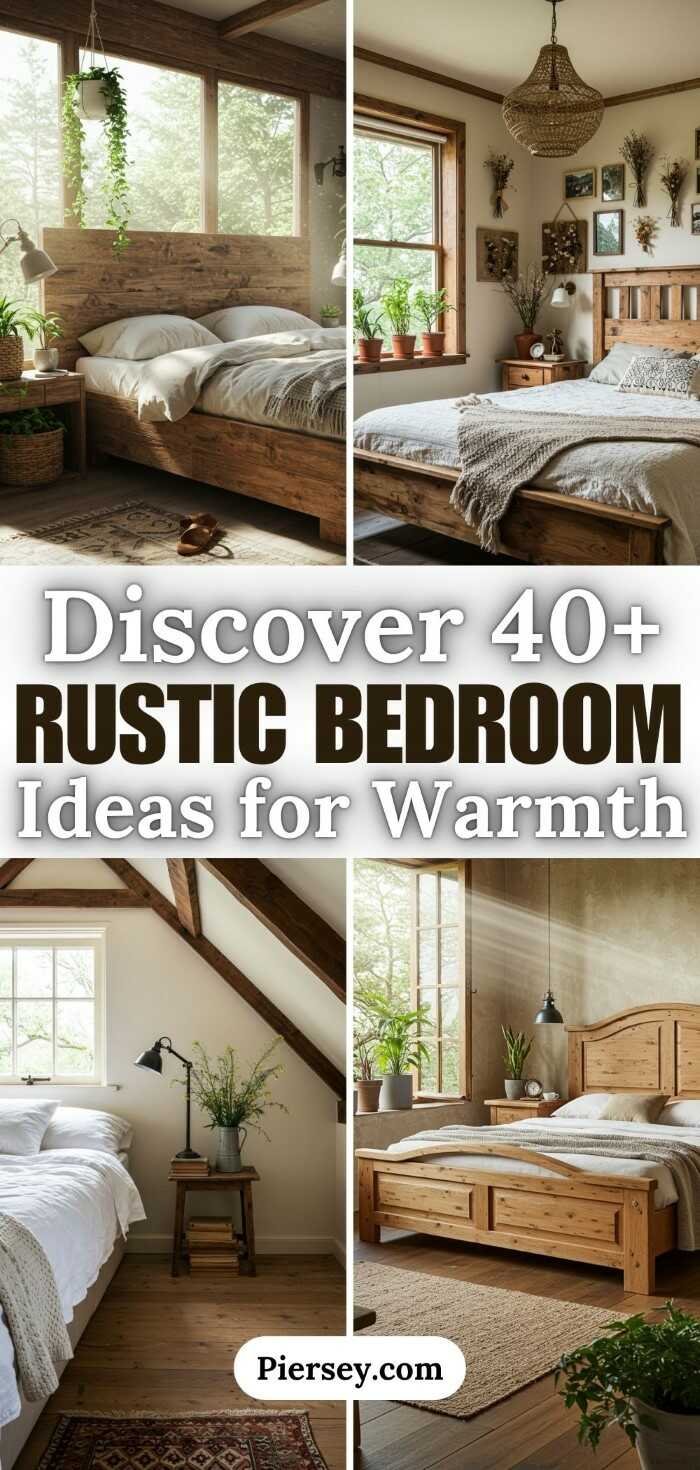 Collage of four cozy, rustic bedrooms with wood accents, warm tones, plants, and natural light. Text reads, “Discover 40+ Rustic Bedroom Ideas for Warmth.”