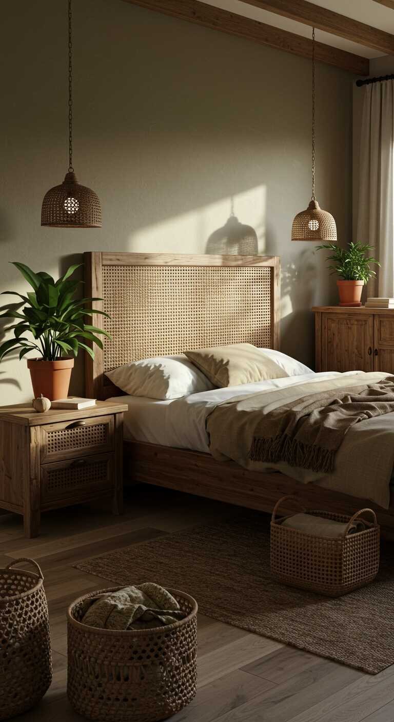 Rustic bedroom featuring earthy color palettes with wooden furniture, plants, and woven baskets.