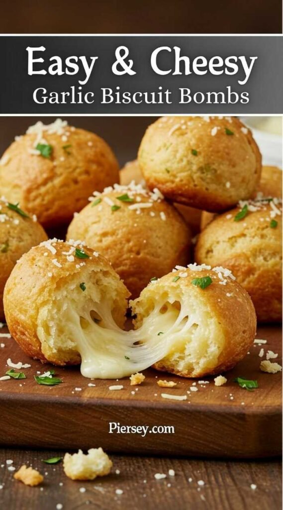 Close-up of garlic cheese bombs with melted cheese oozing out. Topped with herbs and cheese, they convey warmth and cheesiness.