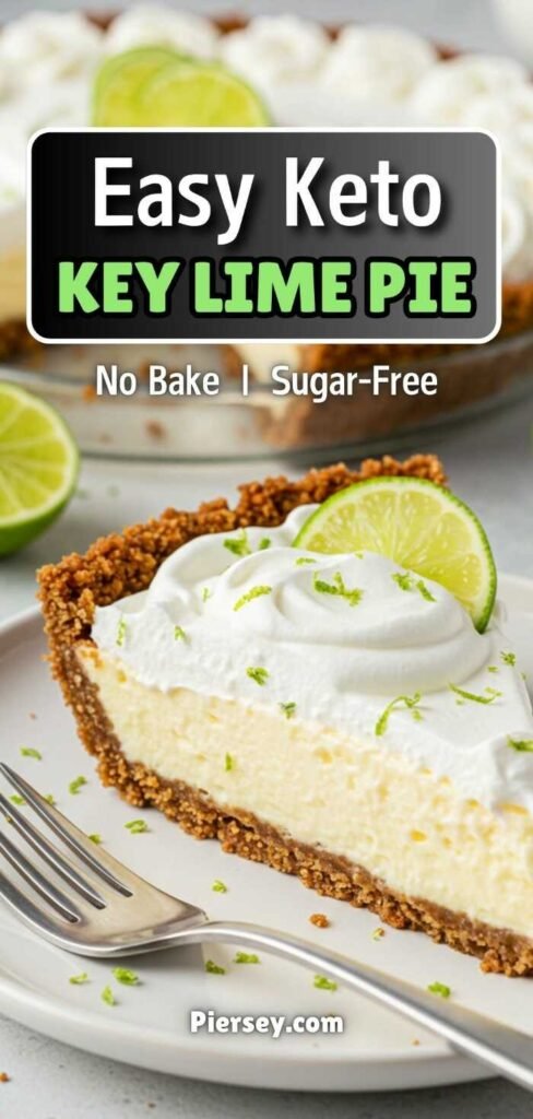 Slice of keto key lime pie on a white plate garnished with whipped cream and lime slices. Text reads “Easy Keto Key Lime Pie, No Bake, Sugar-Free.”