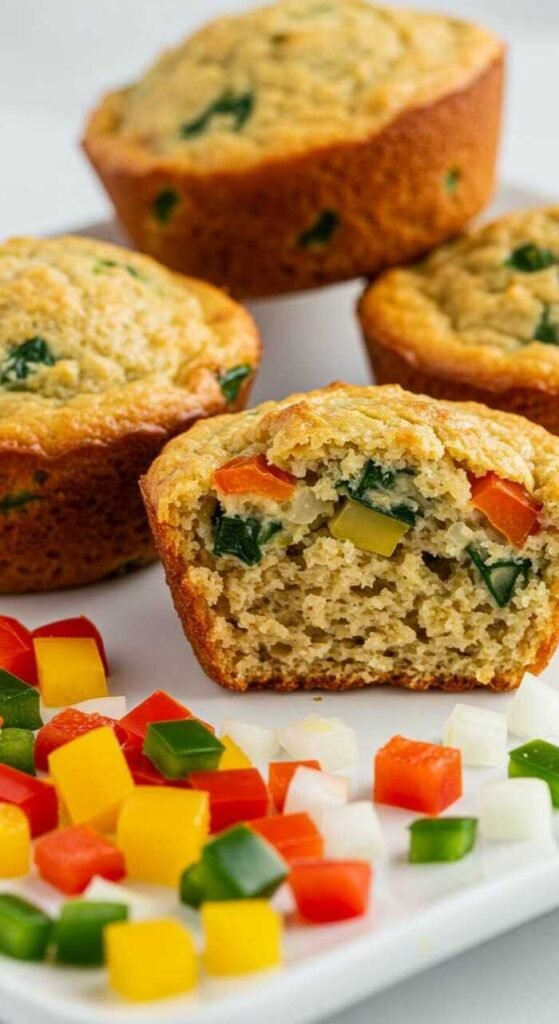 Savory muffins on a white plate feature vibrant cherry tomatoes, spinach, and bell peppers. Baking tray in the background.